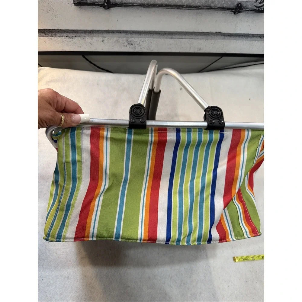 Collapsible Folding Basket Stripped Picnics Flea Market Grocery Store Tote Trave